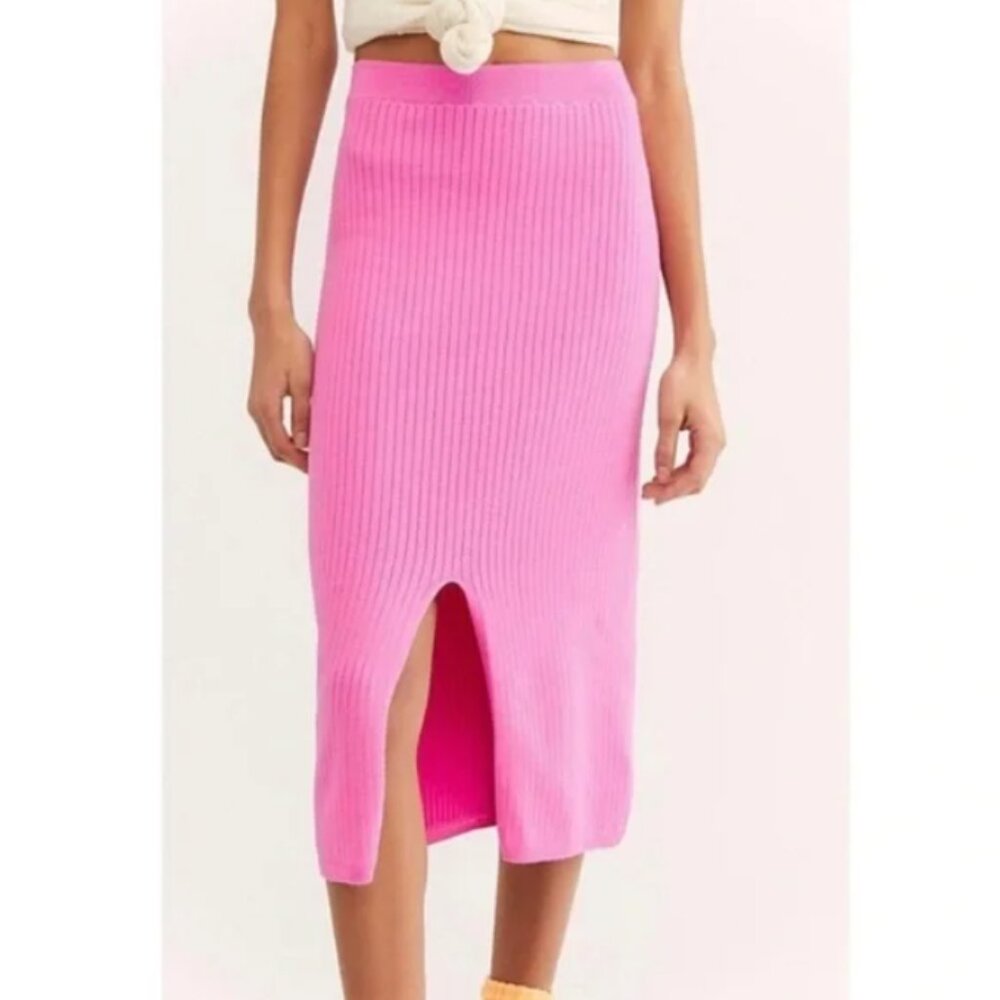 Free‎ People Skyline Ribbed Knit Midi Skirt Pink S - Picture 2 of 9